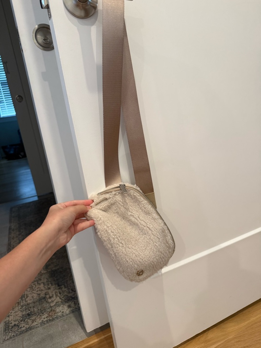 LuluLemon Cozy Cream Sherpa Crossbody Bag with Adjustable Taupe Strap